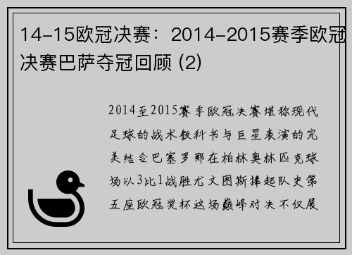 14-15欧冠决赛：2014-2015赛季欧冠决赛巴萨夺冠回顾 (2)