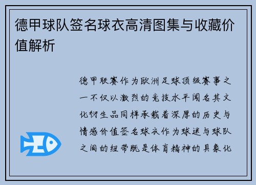 德甲球队签名球衣高清图集与收藏价值解析