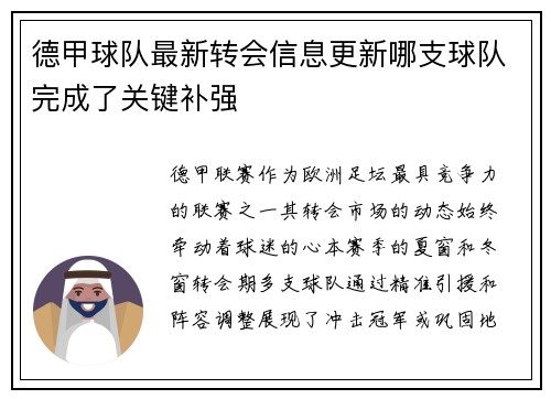 德甲球队最新转会信息更新哪支球队完成了关键补强