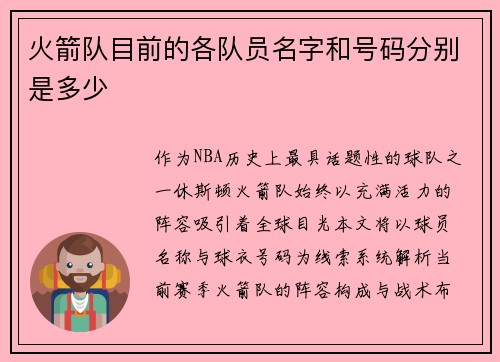 火箭队目前的各队员名字和号码分别是多少